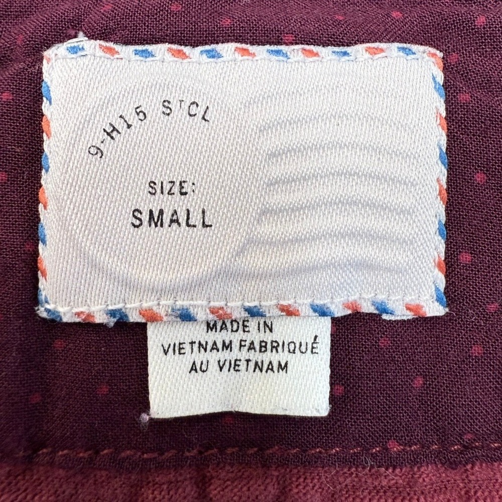 Anthropologie Mavis & Co Striped Ruffle Henley Top Sm Burgundy Shirt Cute Casual - Picture 9 of 13
